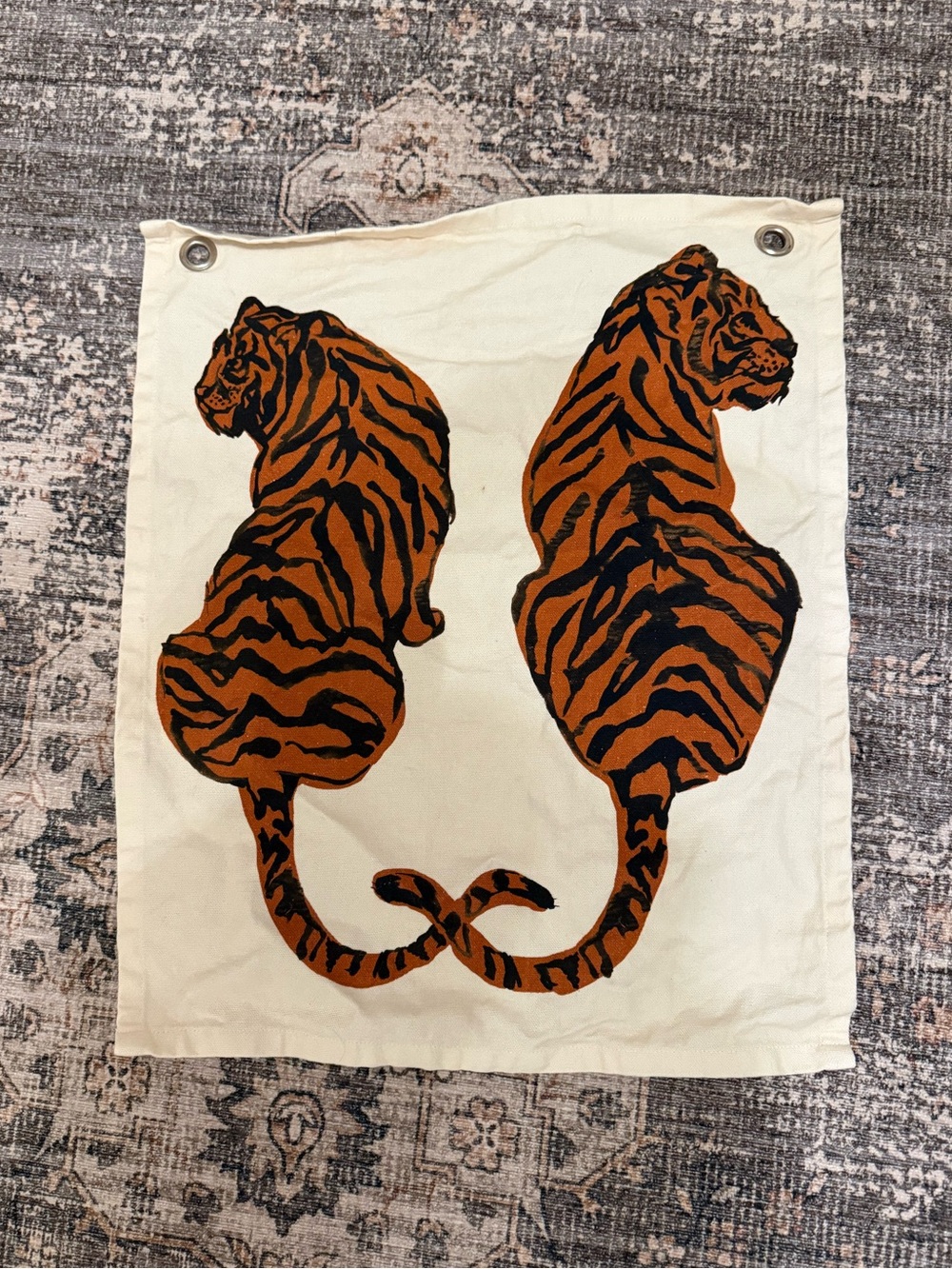 Urban Outfitters Cream Canvas Wall Tapestry with Orange and Black Tiger Pair